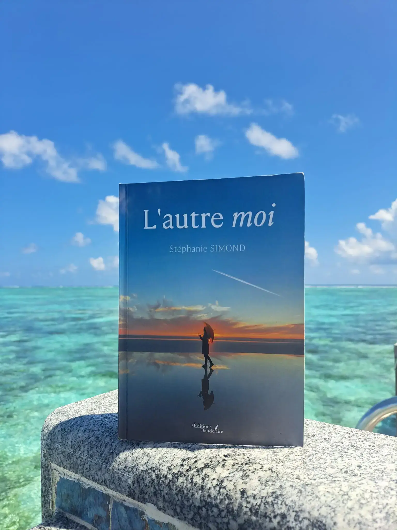Livre l'autre moi posé sur un mur avec fond d'océan